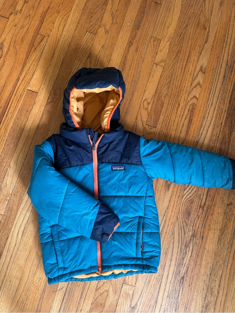 Patagonia Teal and Navy Kids Hooded Puffer with Orange Trim